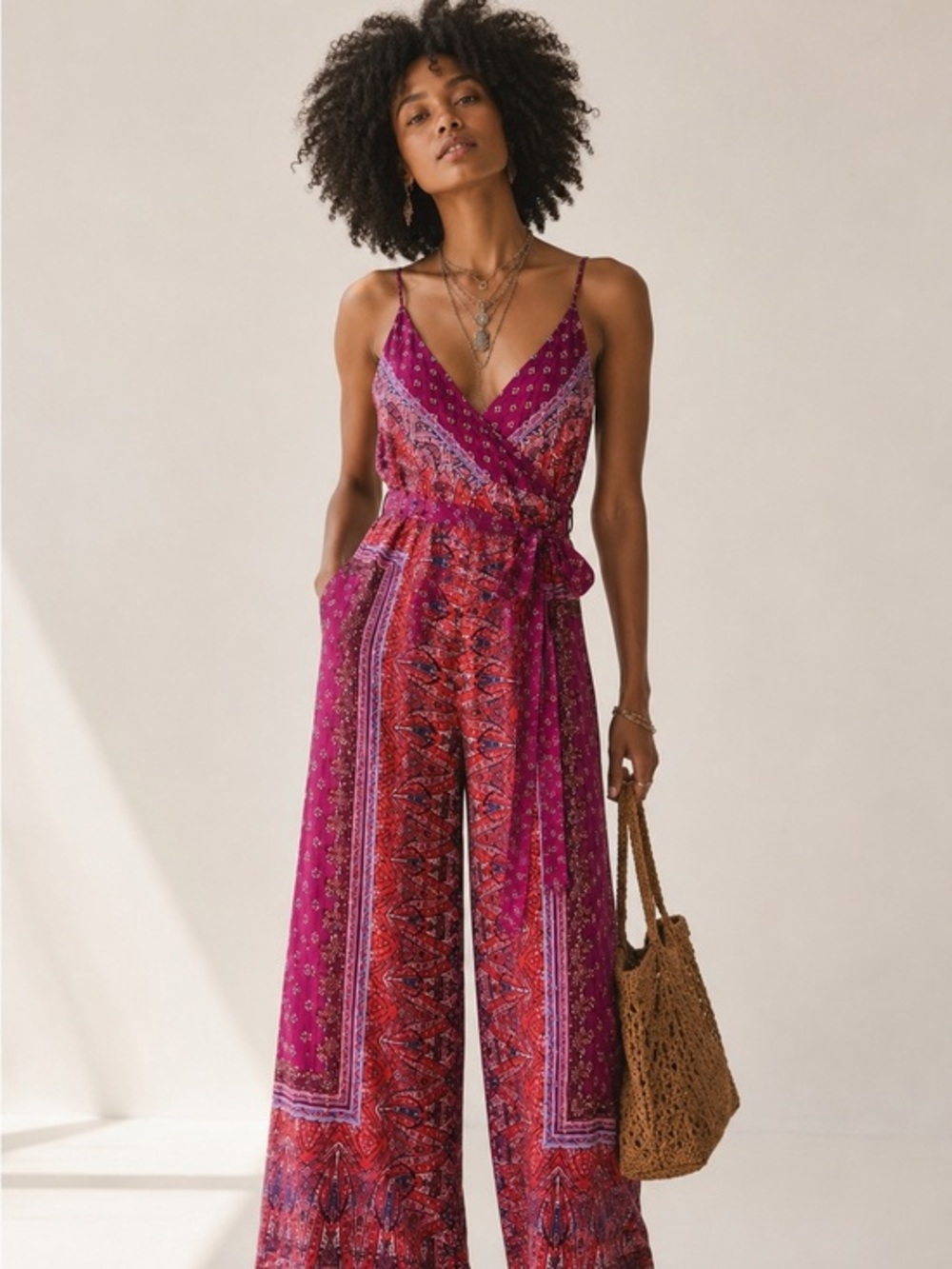 Free People Boho Wrap Front Magenta Pink Tie Waist Berry Jumpsuit Size 4